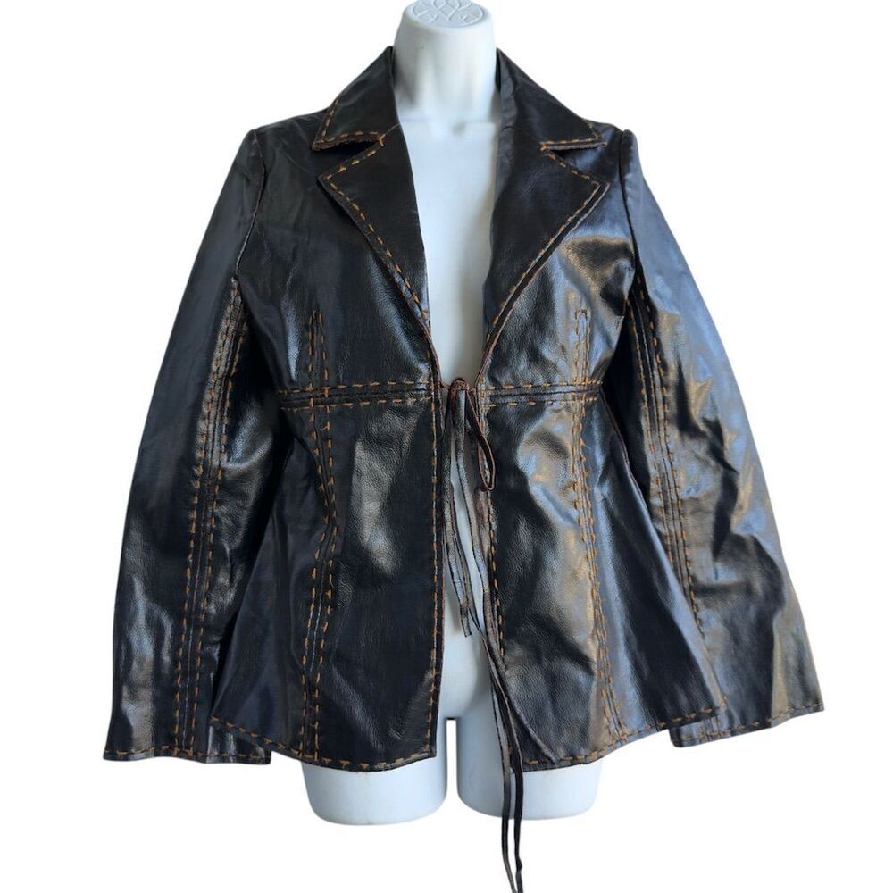 Vtg Y2K Wet Seal Shiny Leather Tie Front Jacket M Stitching Detail Boho Black